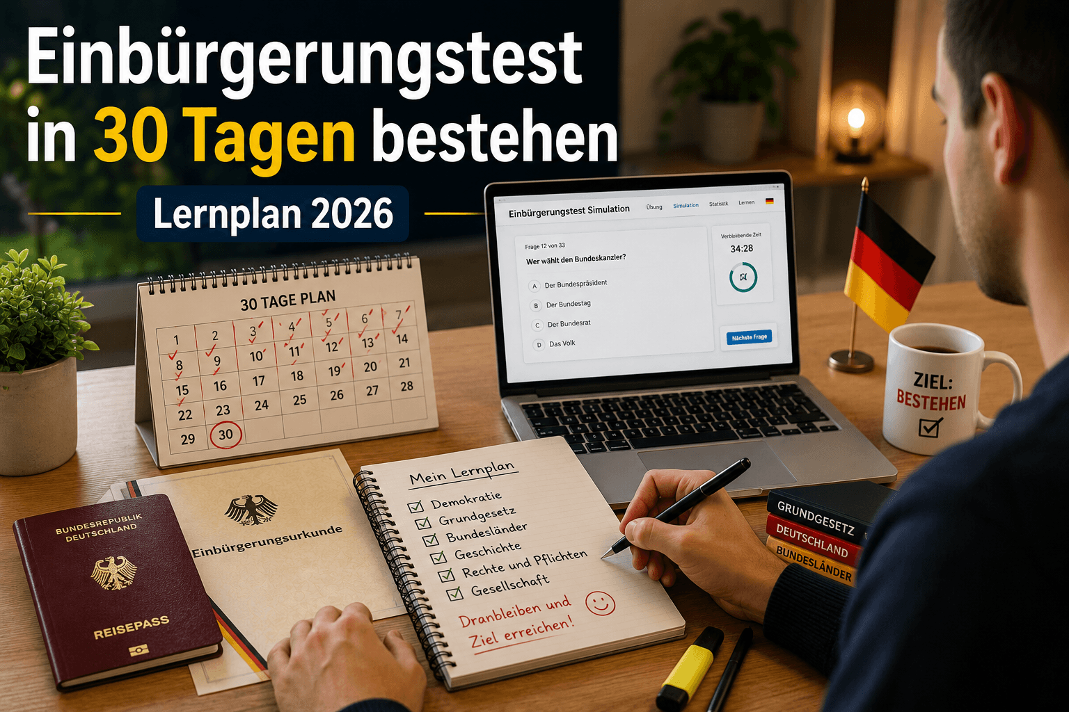 Einbürgerungtest 30 dienu mācību plāns (2026) — kā nokārtot Vācijas pilsonības testu ar pirmo reizi