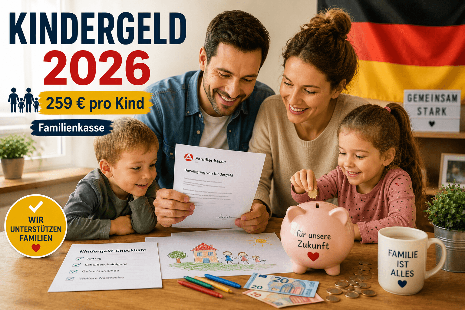 Kindergeld в Германии (2026) — право на получение, размер выплат, подача заявления, Familienkasse, дети за границей и распространённые ошибки