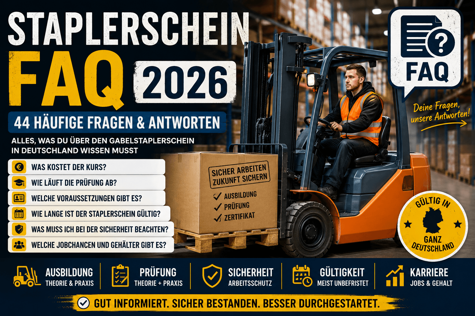 Staplerschein FAQ (2026) – Die 44 häufigsten Fragen und Antworten zum Gabelstaplerschein in Deutschland