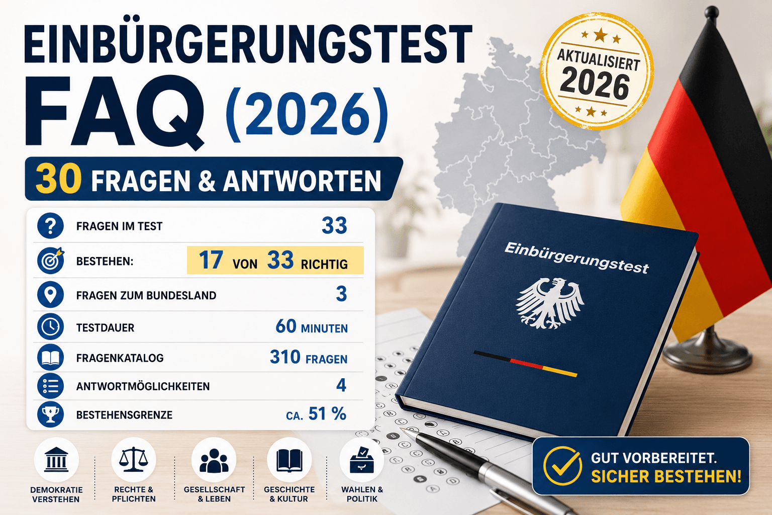 Einbürgerungstest FAQ (2026) — 30 самых частых вопросов и ответов о тесте на гражданство Германии
