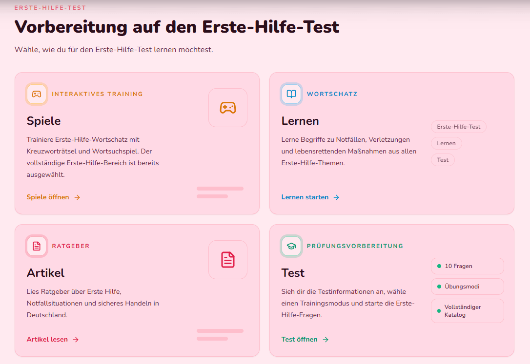 Онлайн-тест Erste Hilfe — тренируйте вопросы и ответы